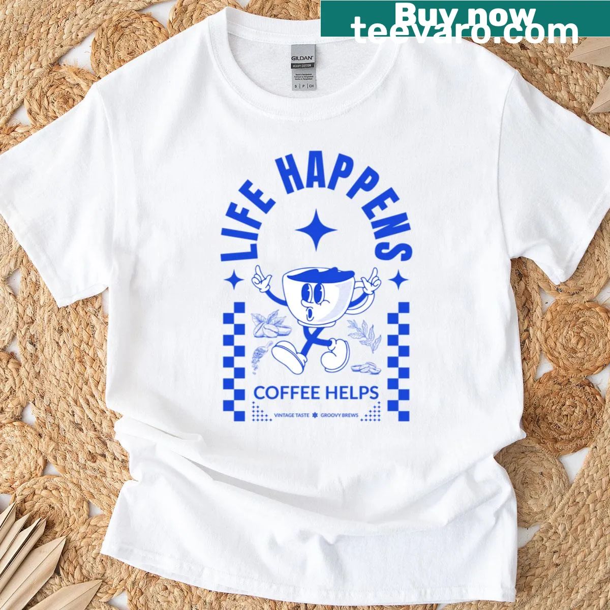 Coffee-themed t-shirt with the phrase Life Happens - Coffee Helps — on a men's t-shirt