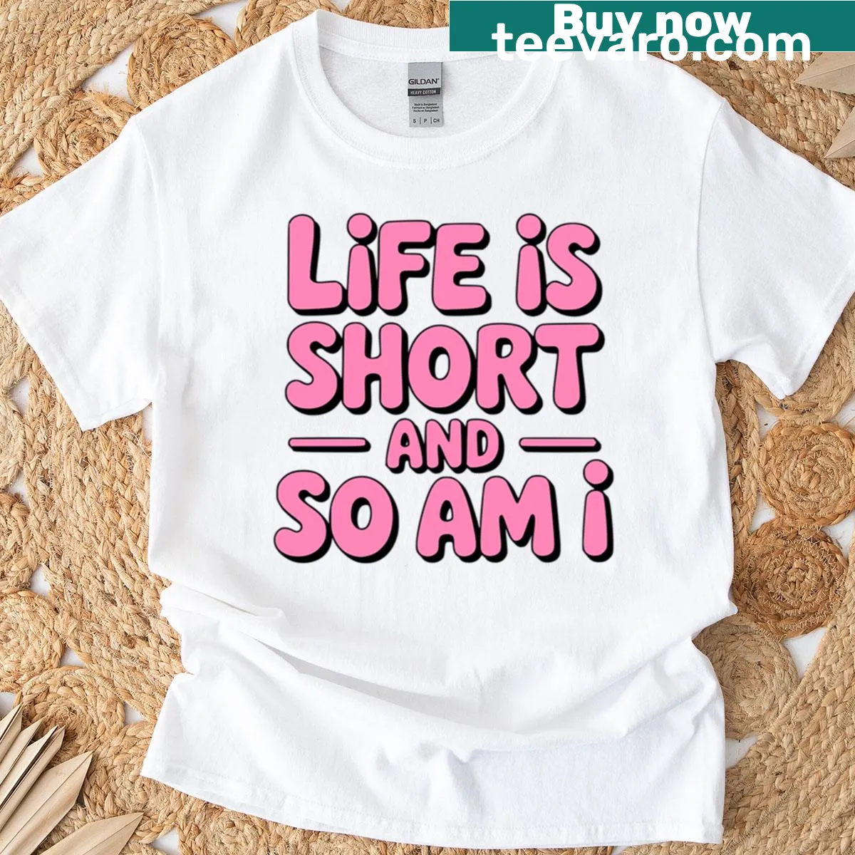 Pink t-shirt with the phrase Life Is Short And So Am I — on a men's t-shirt
