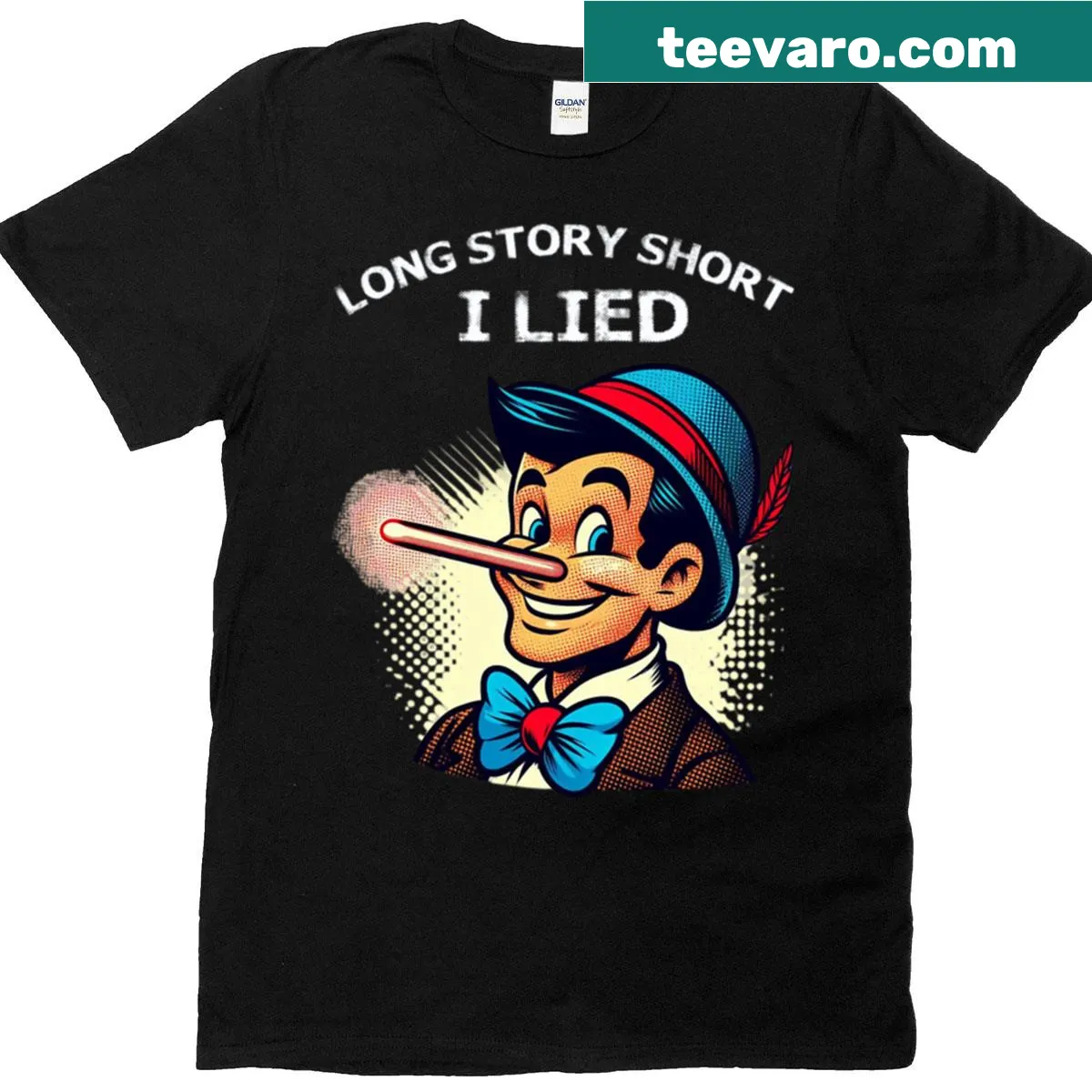 Retro design with the phrase 'Long Story Short I Lied' featuring Pinocchio — on a men's t-shirt