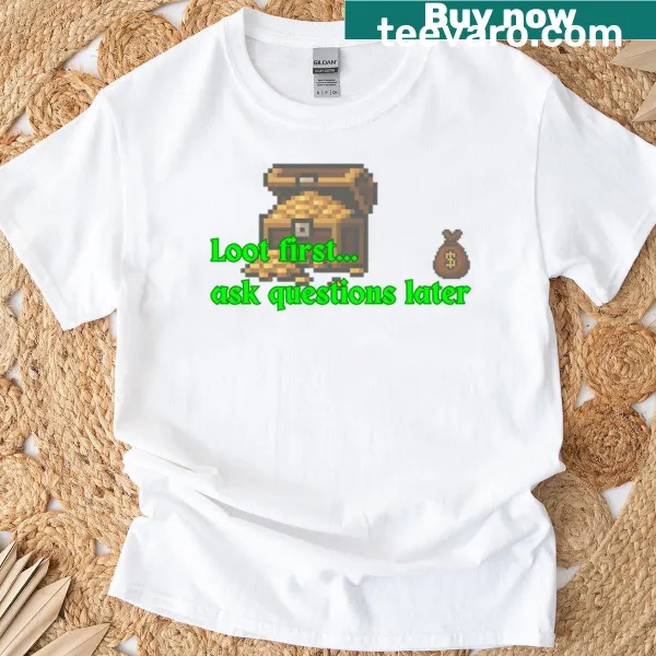 Retro gaming-themed t-shirt featuring treasure chest pixel art design