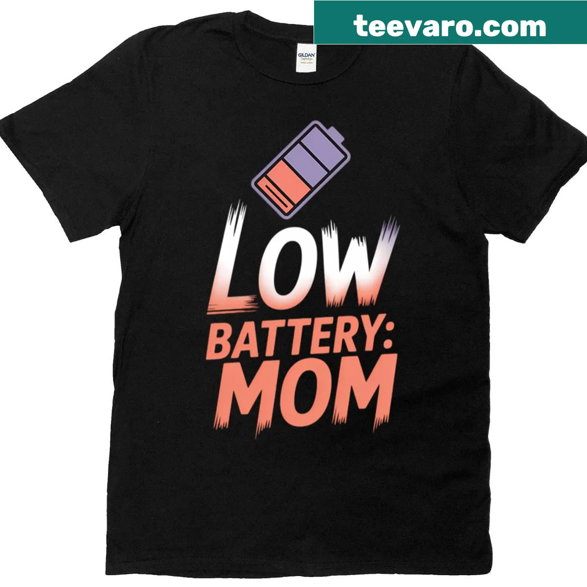 Funny shirt that says 'Low Battery Mom' in playful typography — on a men's t-shirt
