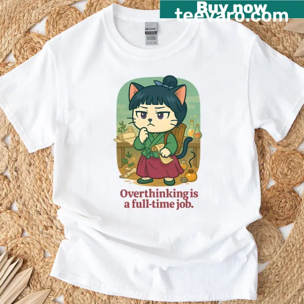 Cute chibi cat design with a humorous saying about overthinking