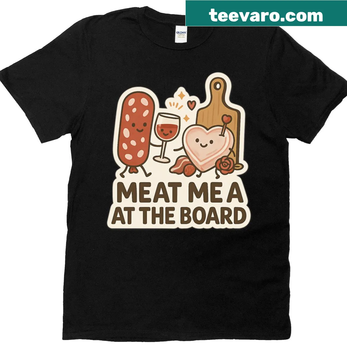 Funny charcuterie-themed t-shirt with the phrase 'Meat Me At The Board.' — on a men's t-shirt