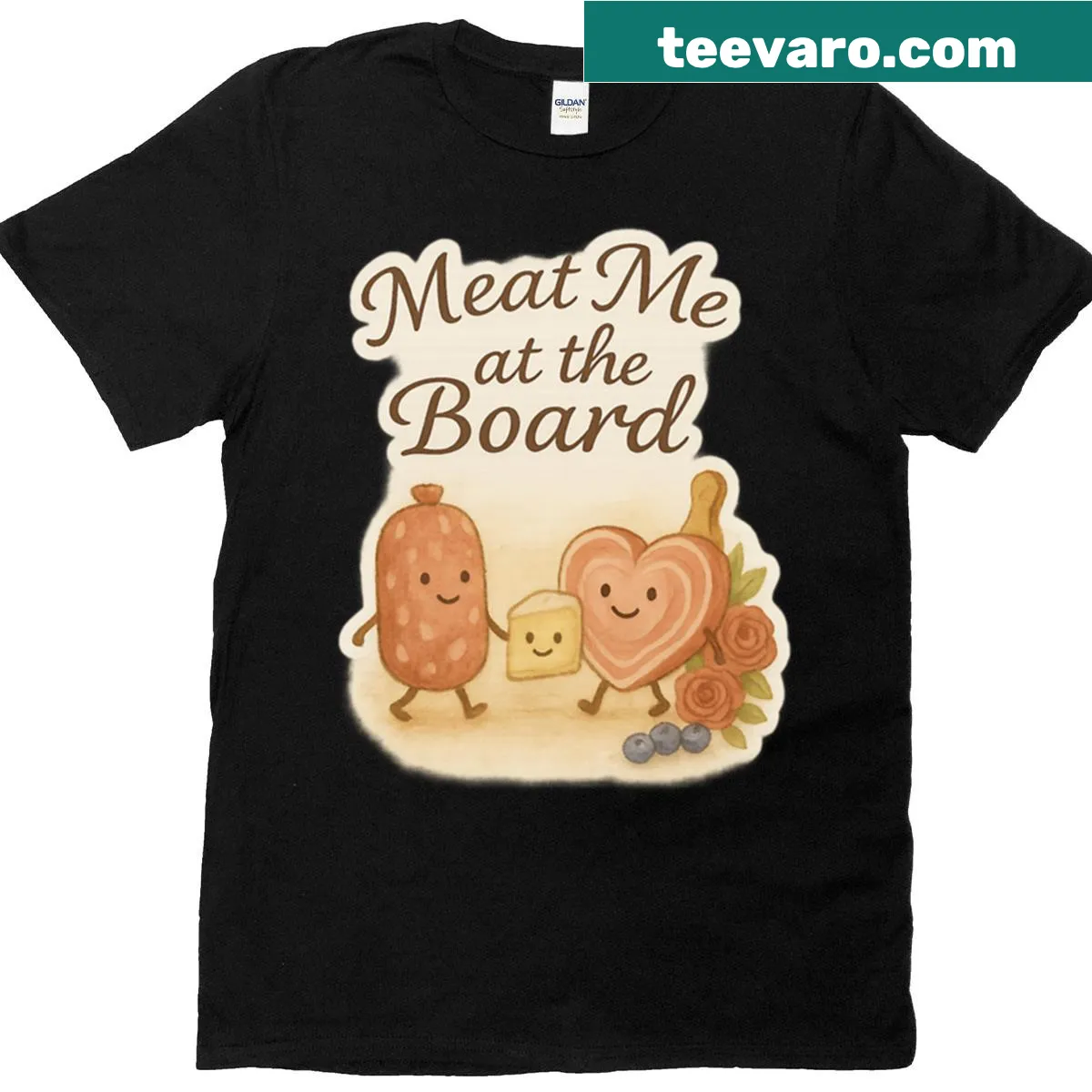 Watercolor graphic of a charcuterie board with meats and cheeses on a t-shirt. — on a men's t-shirt
