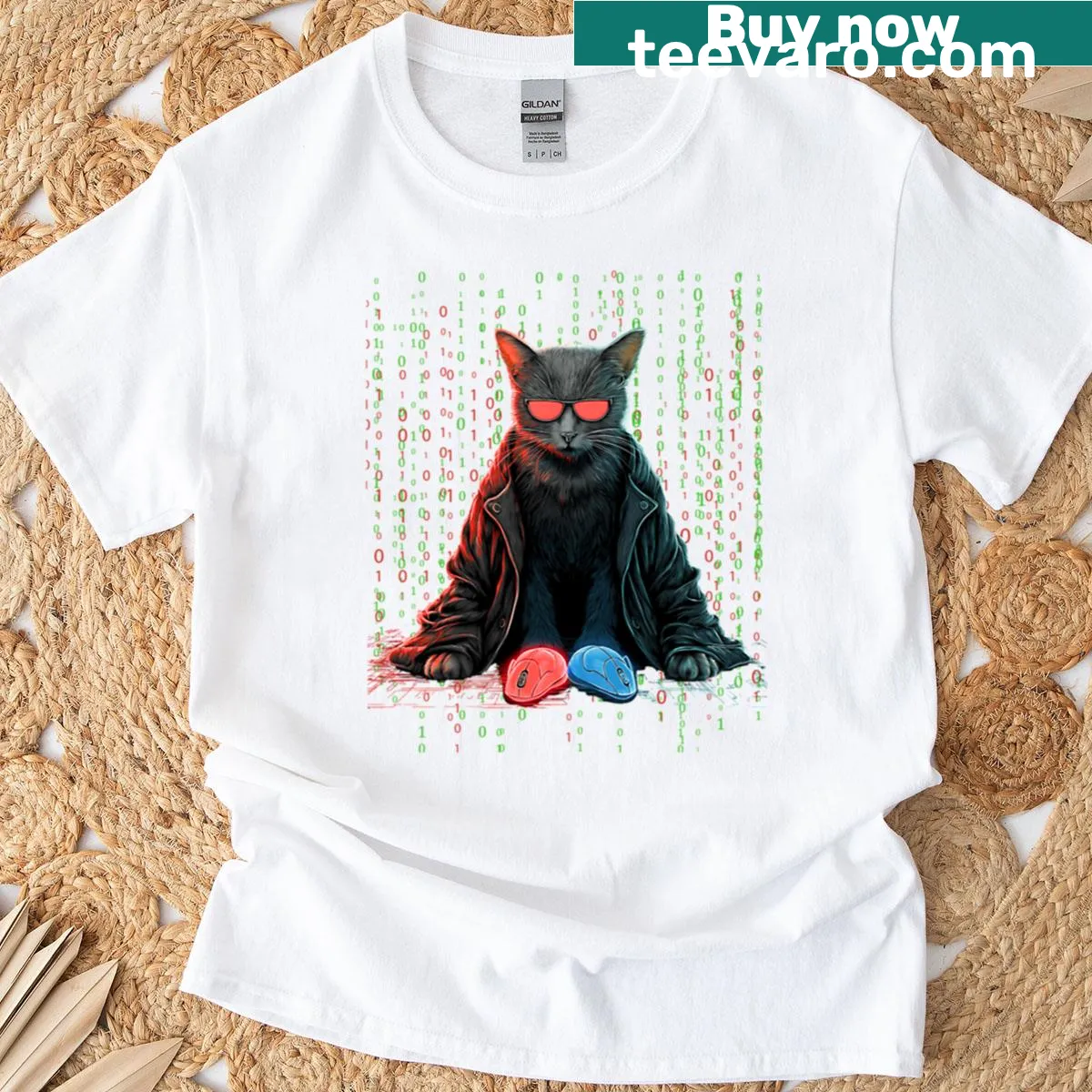 Oversized Meowtrix t-shirt featuring a playful cat-themed graphic. — on a men's t-shirt