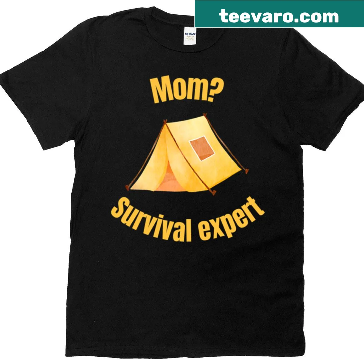 T-shirt featuring humorous tent design celebrating mom's survival skills — on a men's t-shirt