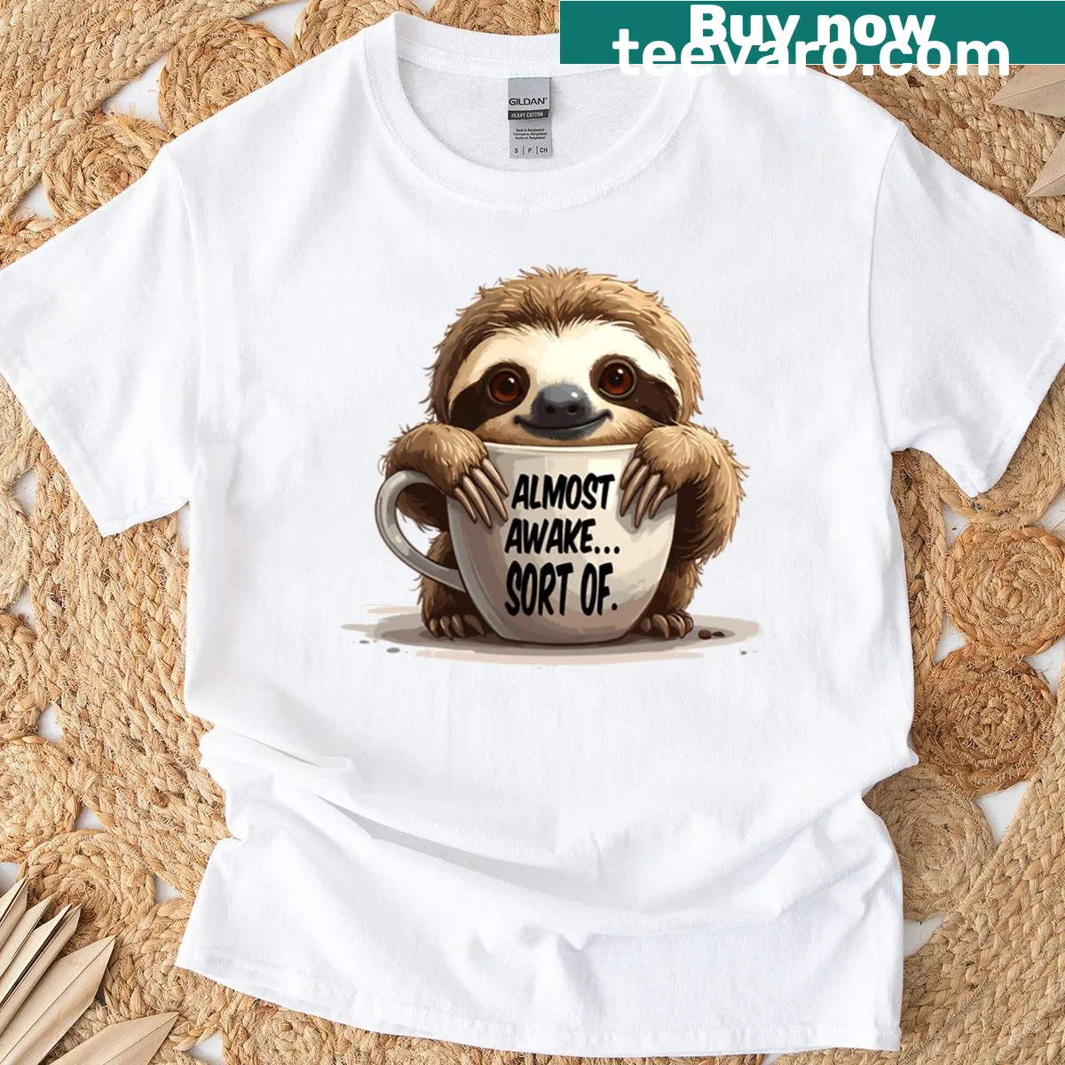 Oversized t-shirt featuring a cute sloth peekaboo graphic. — on a men's t-shirt