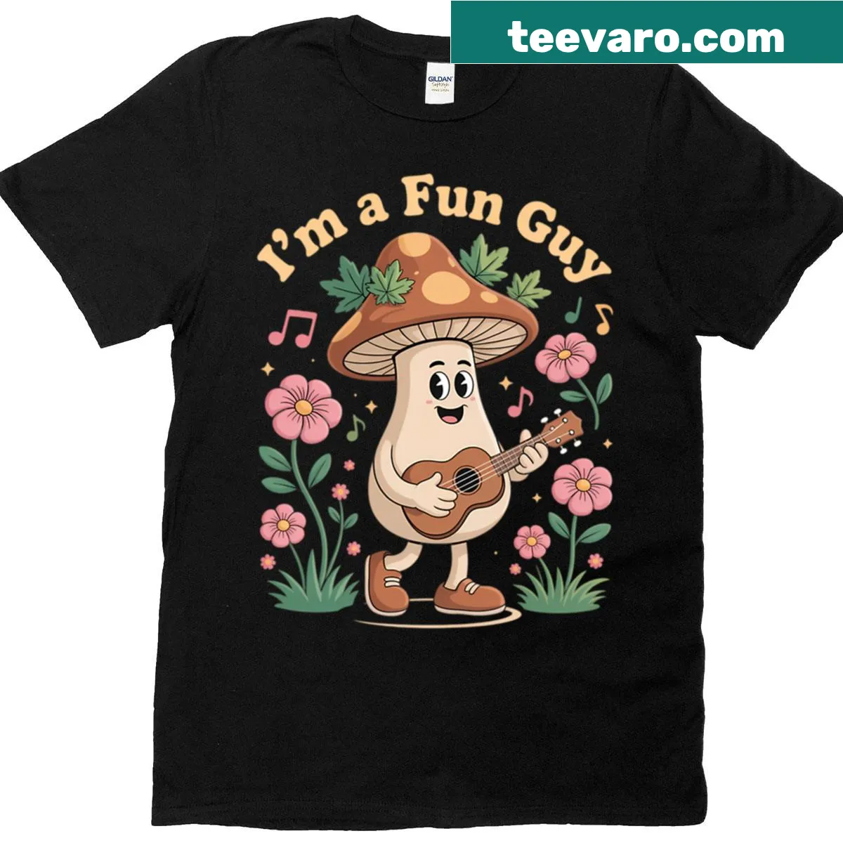 Cute t-shirt with a graphic of mushrooms and a guitar for mycology lovers. — on a men's t-shirt