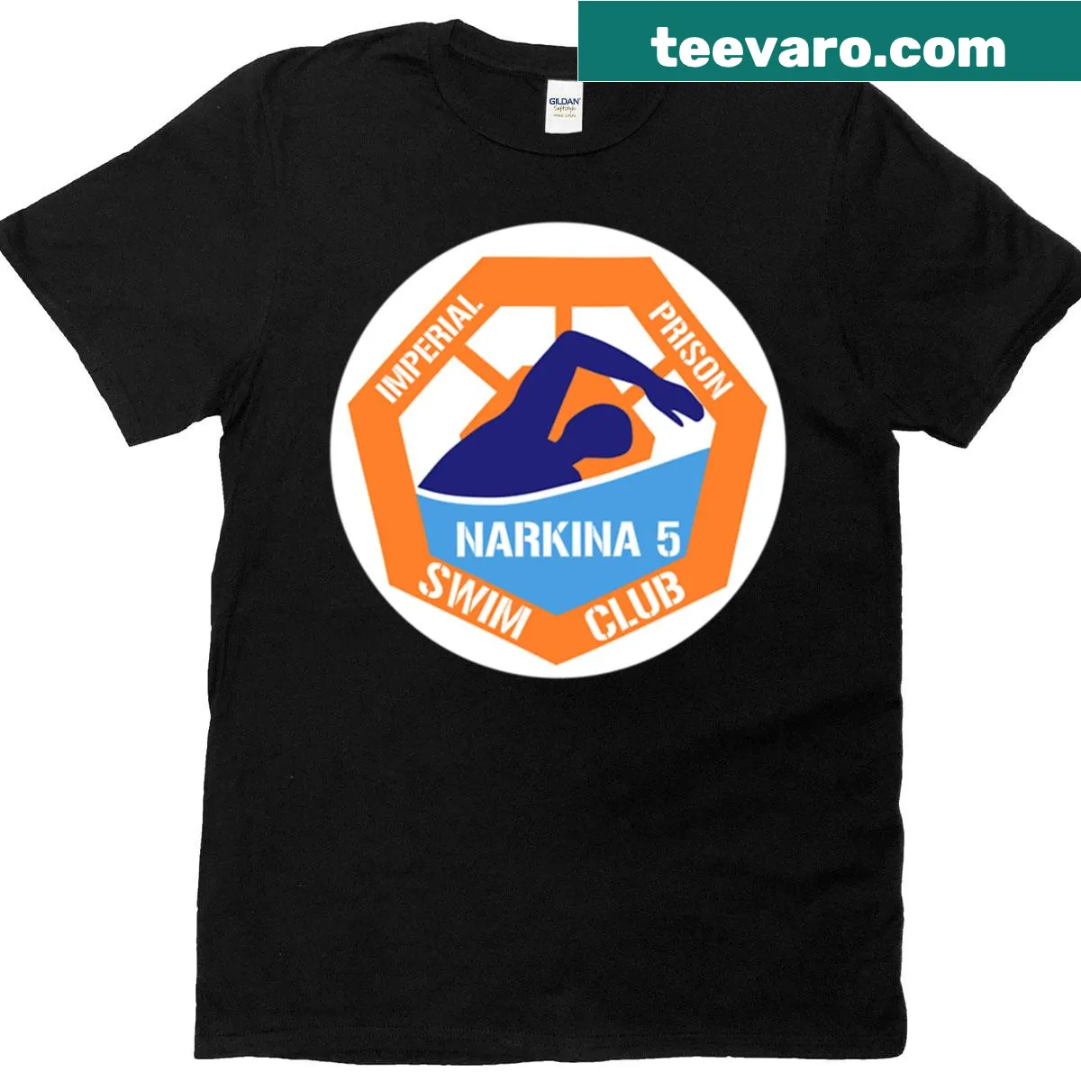 Illustrative design featuring Narkina 5 prison theme — on a men's t-shirt