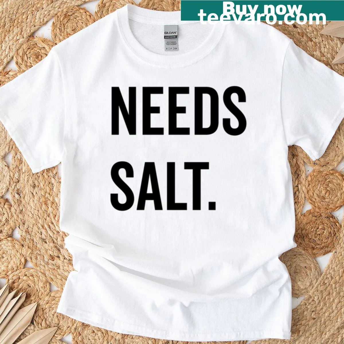 T-shirt with a playful saying 'Needs Salt'. — on a men's t-shirt