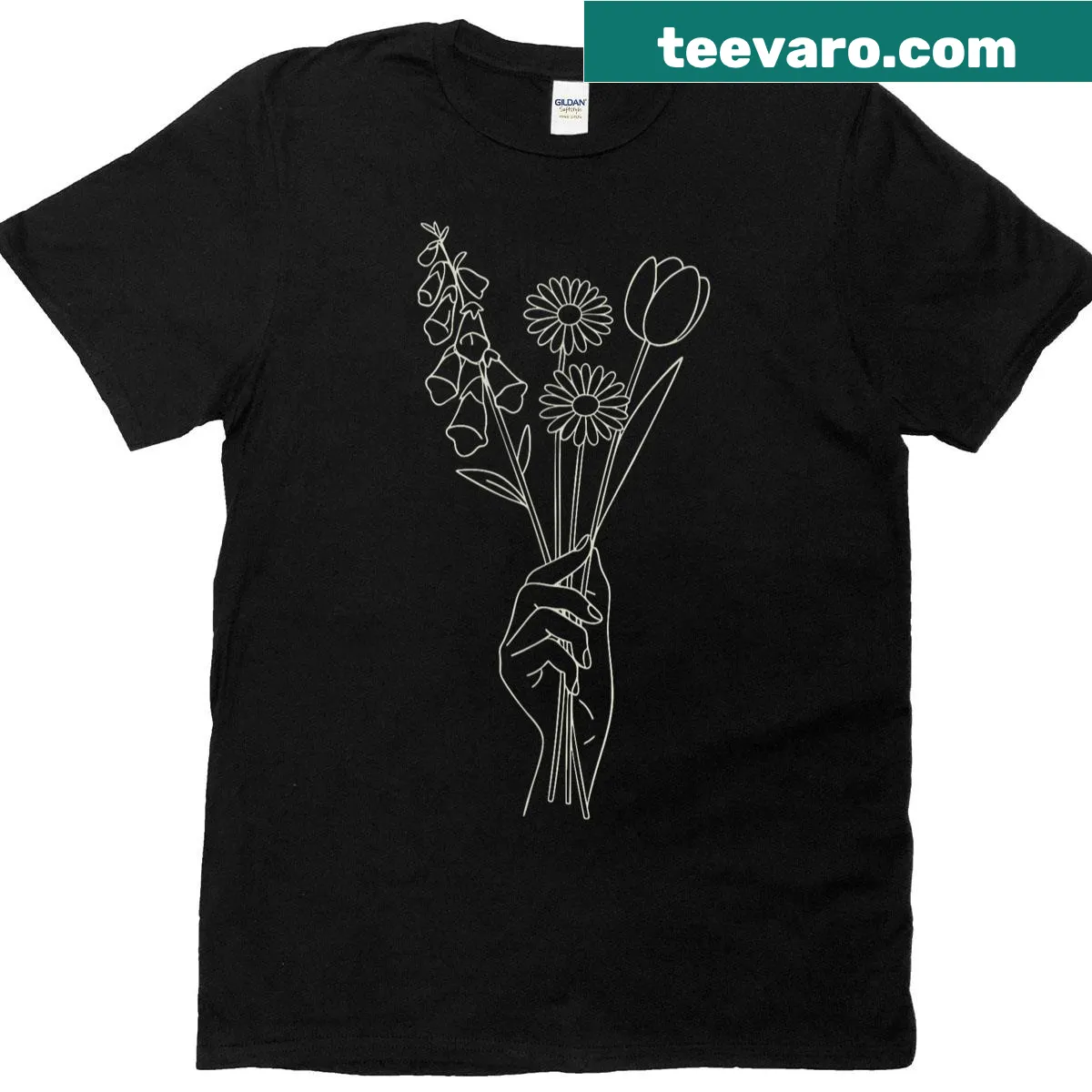 Minimalist floral T-shirt with foxglove, daisy, and tulip illustrations. — on a men's t-shirt
