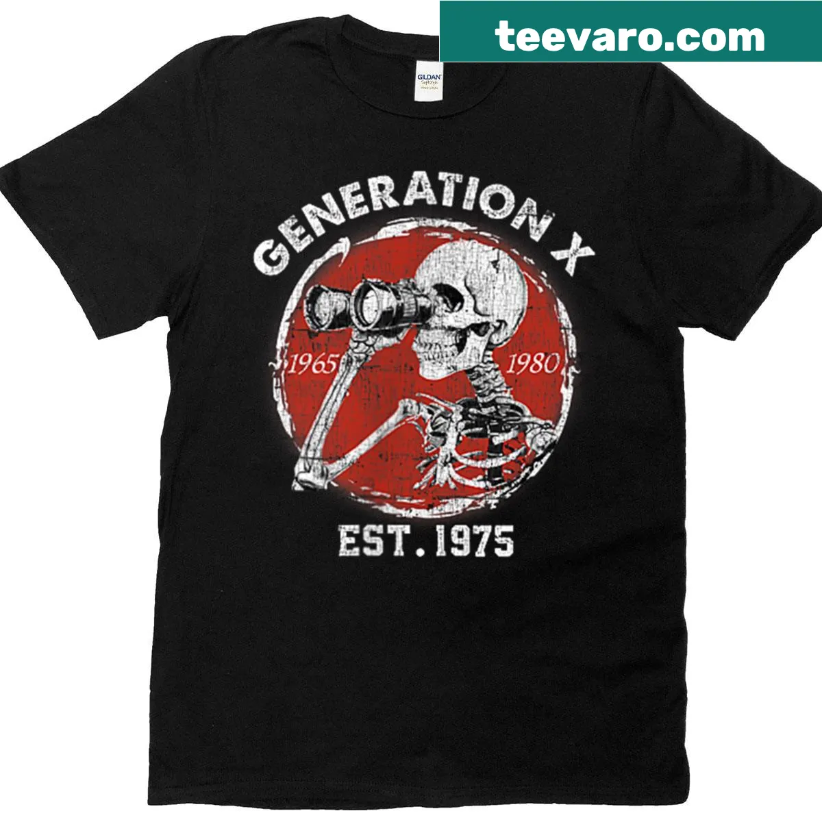 Sarcastic Gen X skeleton-themed t-shirt — on a men's t-shirt