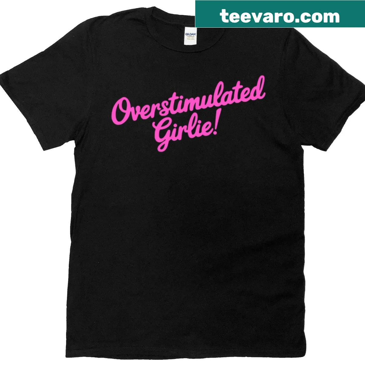 Funny hot pink t-shirt with Overstimulated phrase for women — on a men's t-shirt
