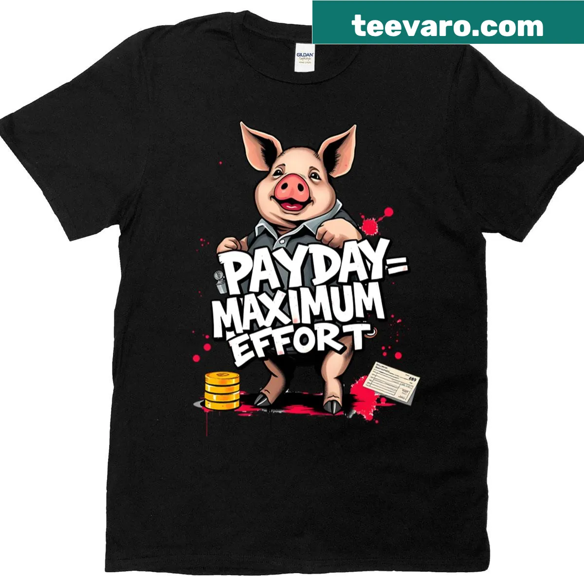 Funny pig and payday humor graphic T-shirt — on a men's t-shirt