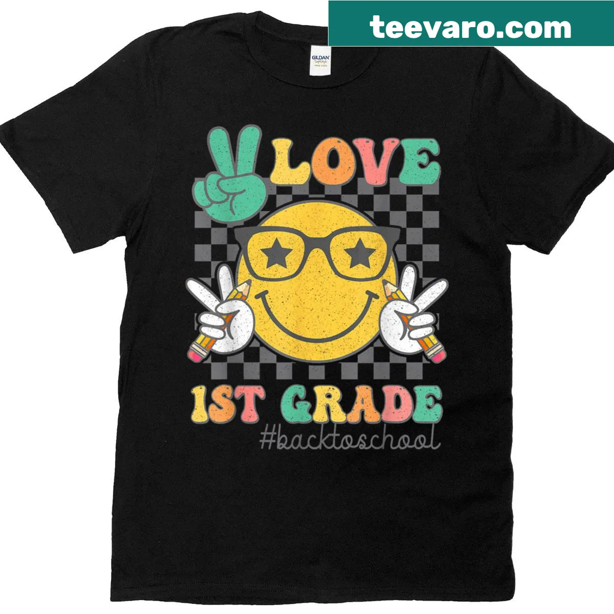 Cute T-shirt with smiley face and 'Peace Love 1st Grade' text — on a men's t-shirt