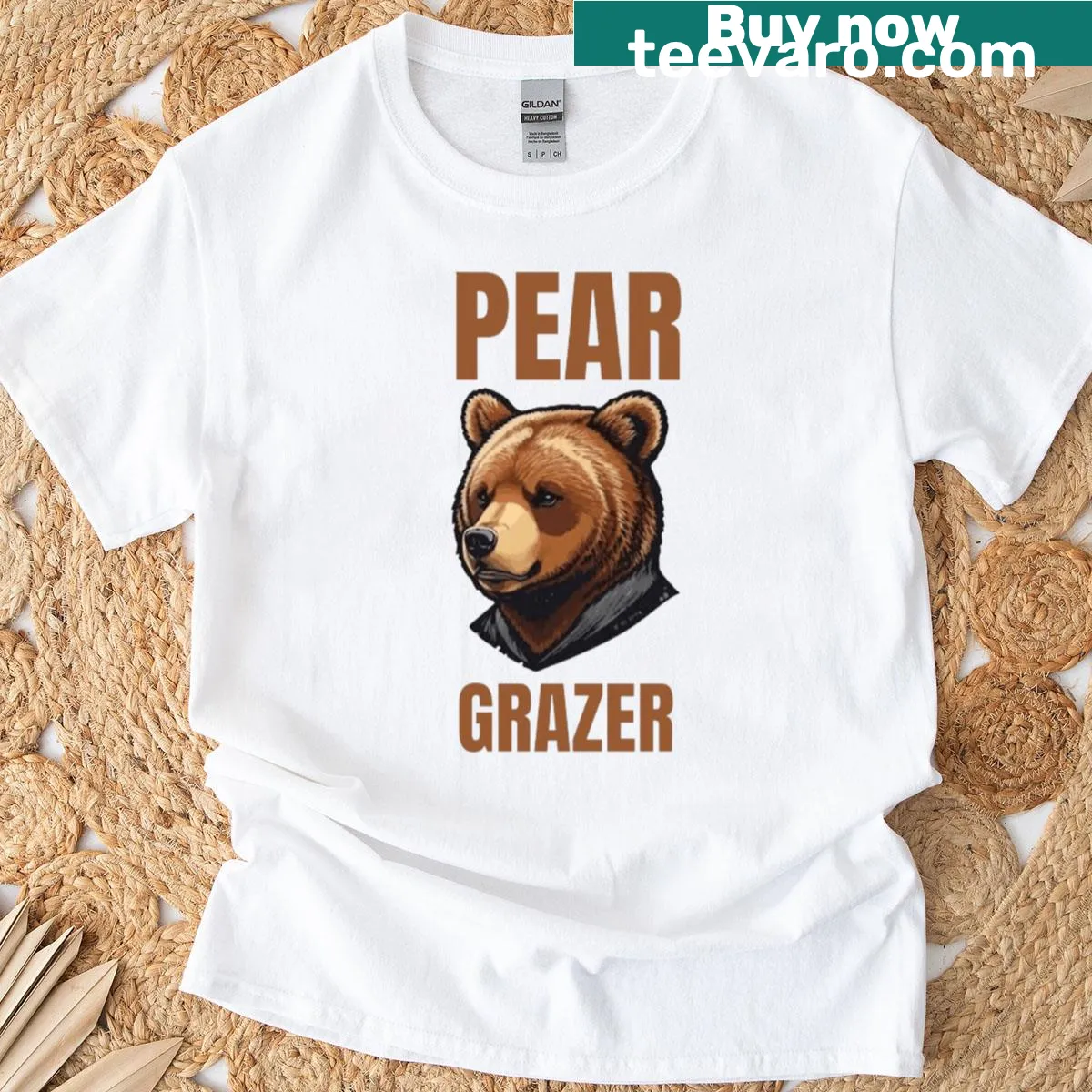 Cute Pear Grazer T-shirt with playful fruit illustration — on a men's t-shirt