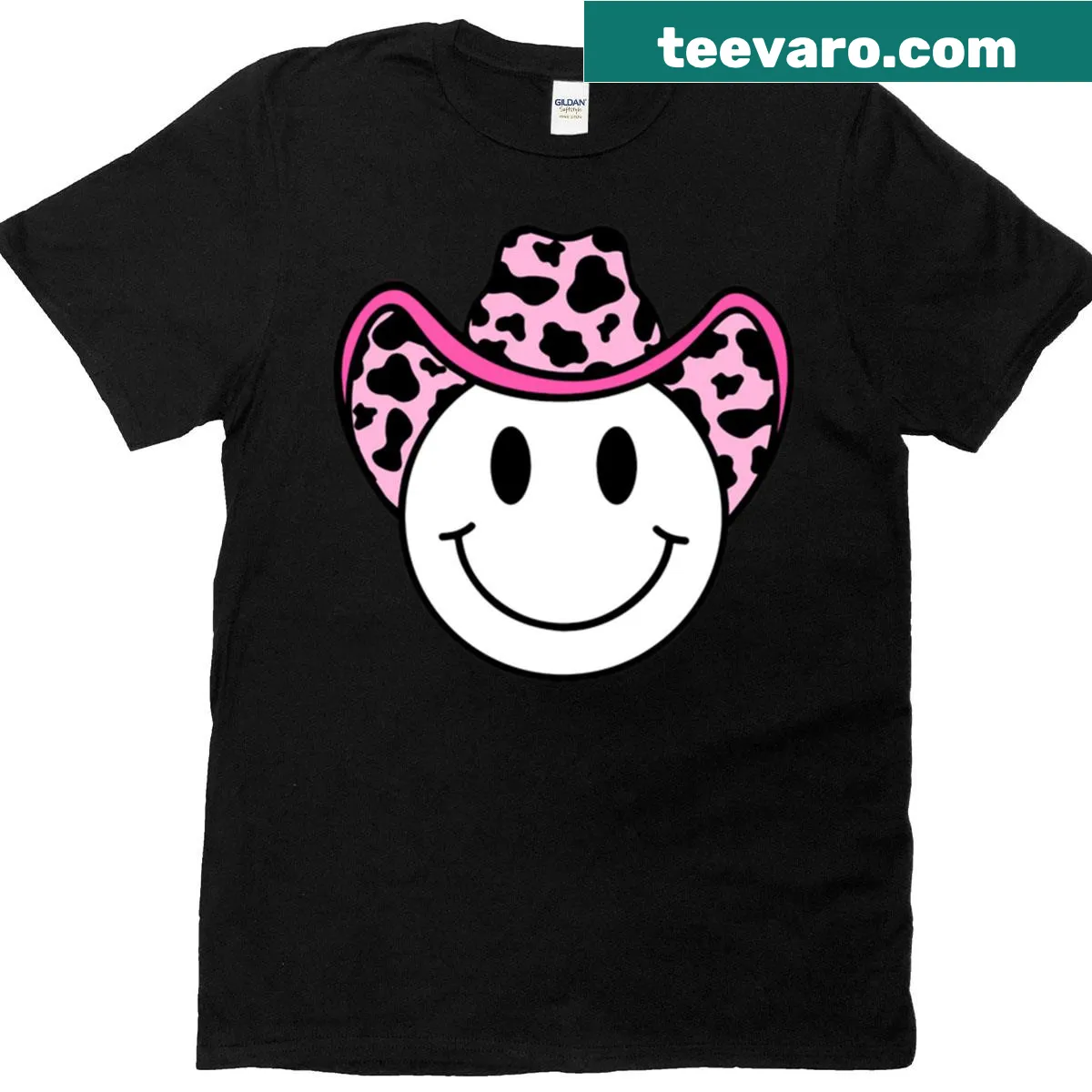 Playful T-shirt with a pink cowboy smiley face illustration. — on a men's t-shirt