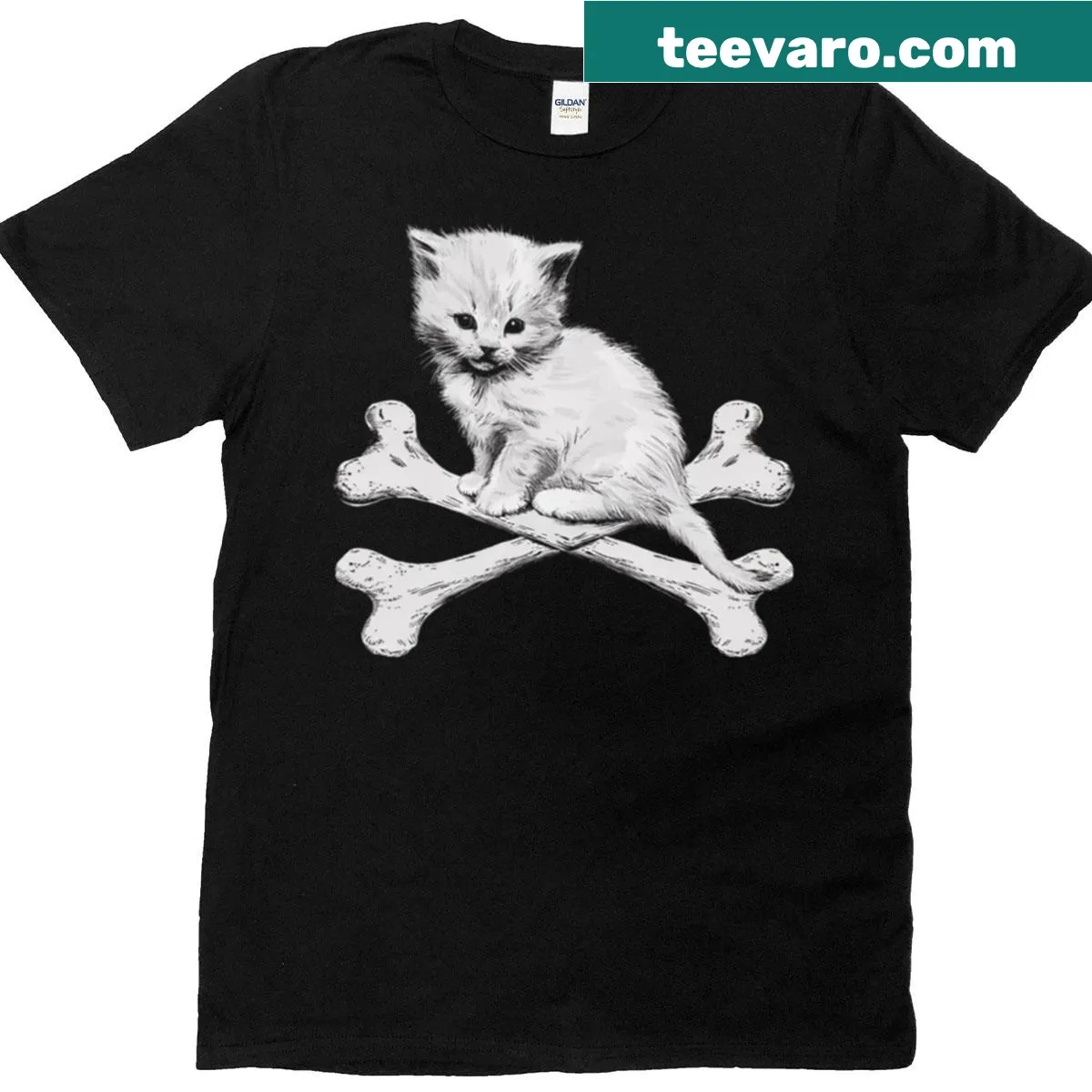 Cute pirate kitten graphic featuring crossbones on a T-shirt. — on a men's t-shirt