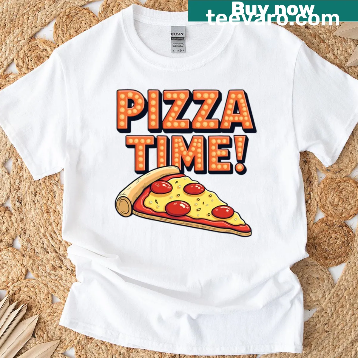 Retro pizza design with neon lettering and slice illustration — on a men's t-shirt