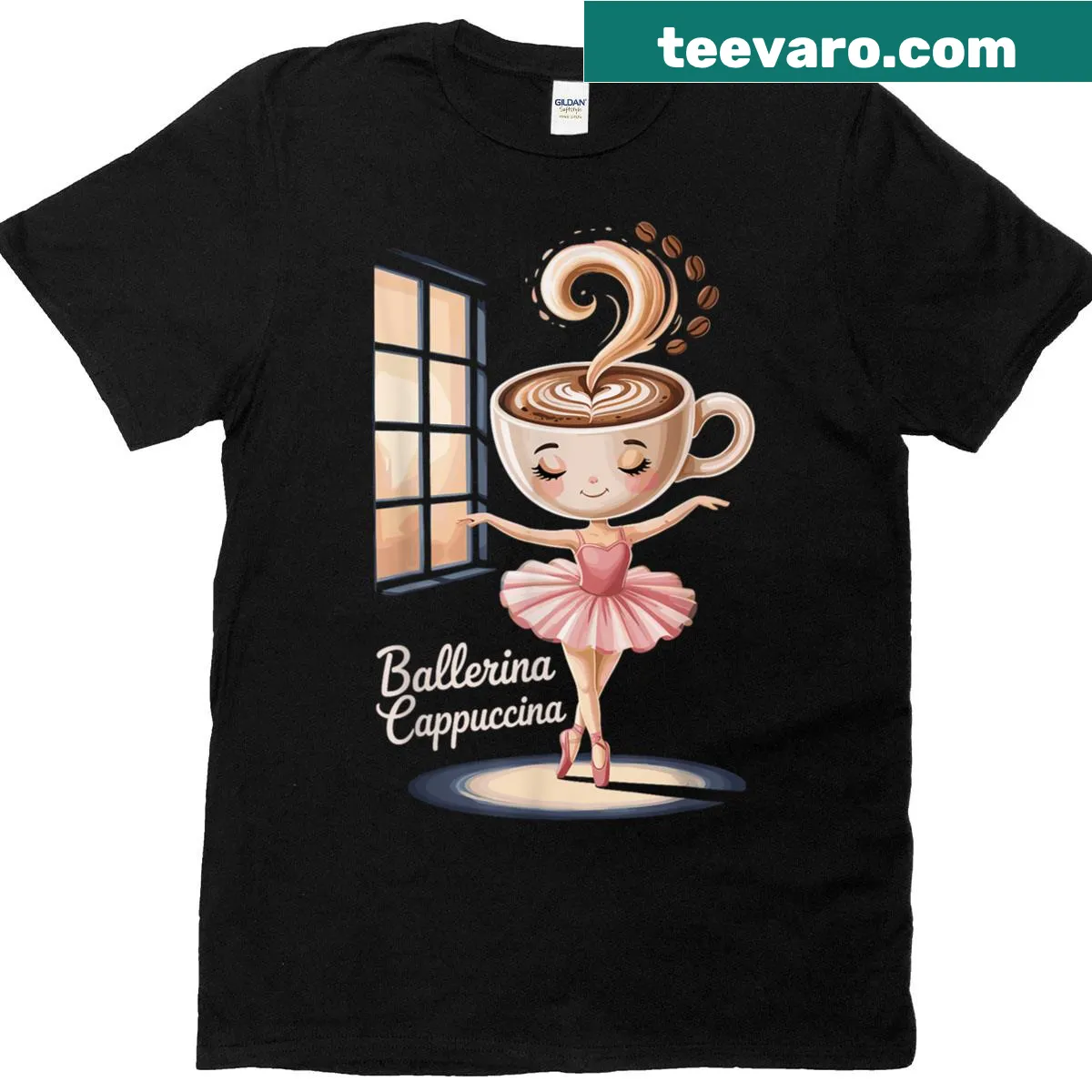 Cute t-shirt with a ballerina enjoying a cappuccino in a playful design. — on a men's t-shirt