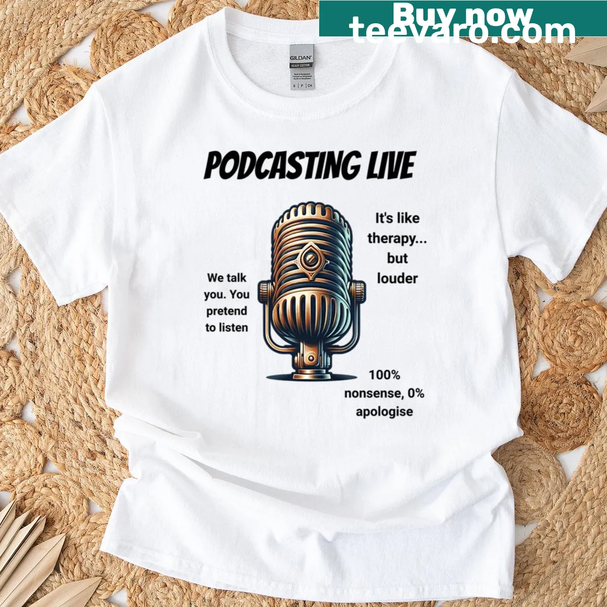 Oversized T-shirt featuring bold podcasting text design — on a men's t-shirt