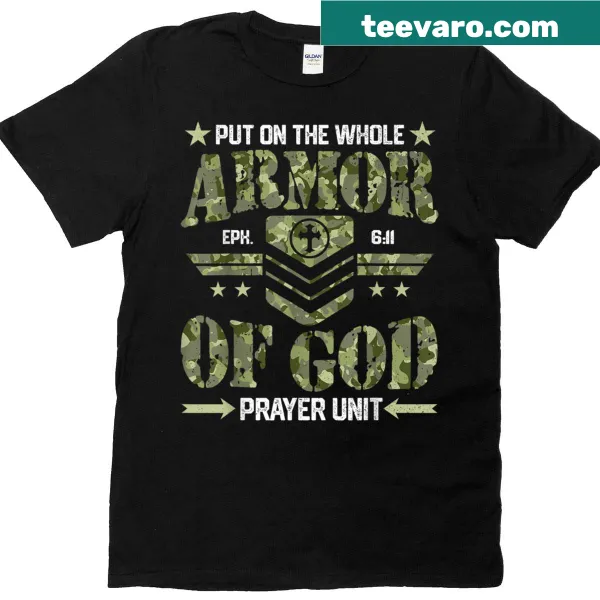Armor of God graphic in camouflage on a t-shirt