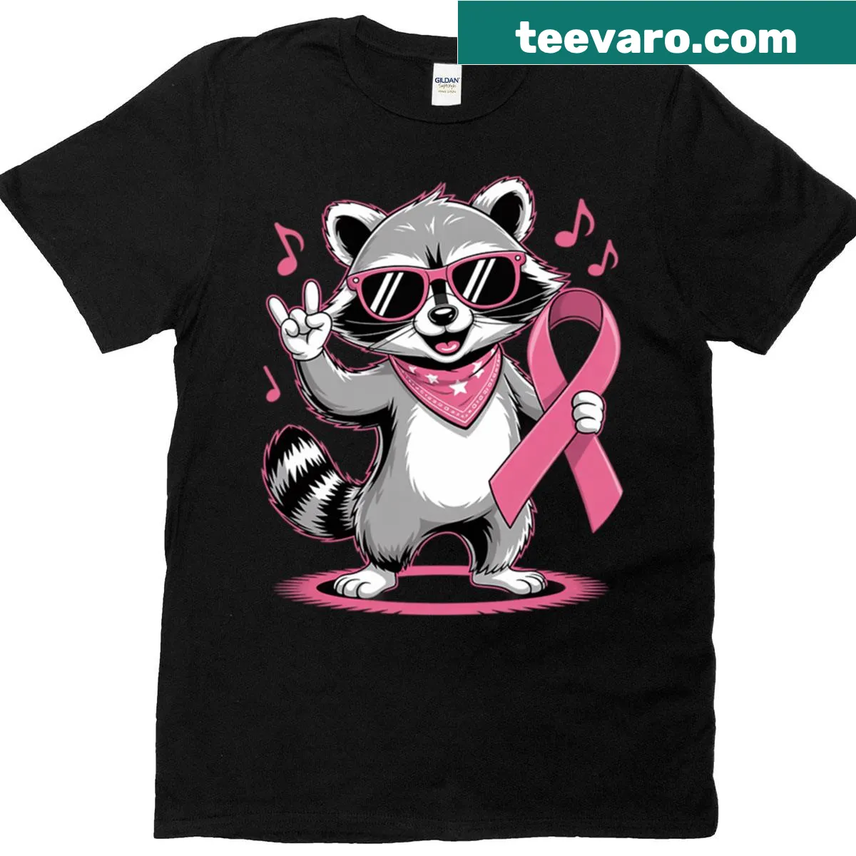 Raccoon playing electric guitar for breast cancer awareness t-shirt — on a men's t-shirt