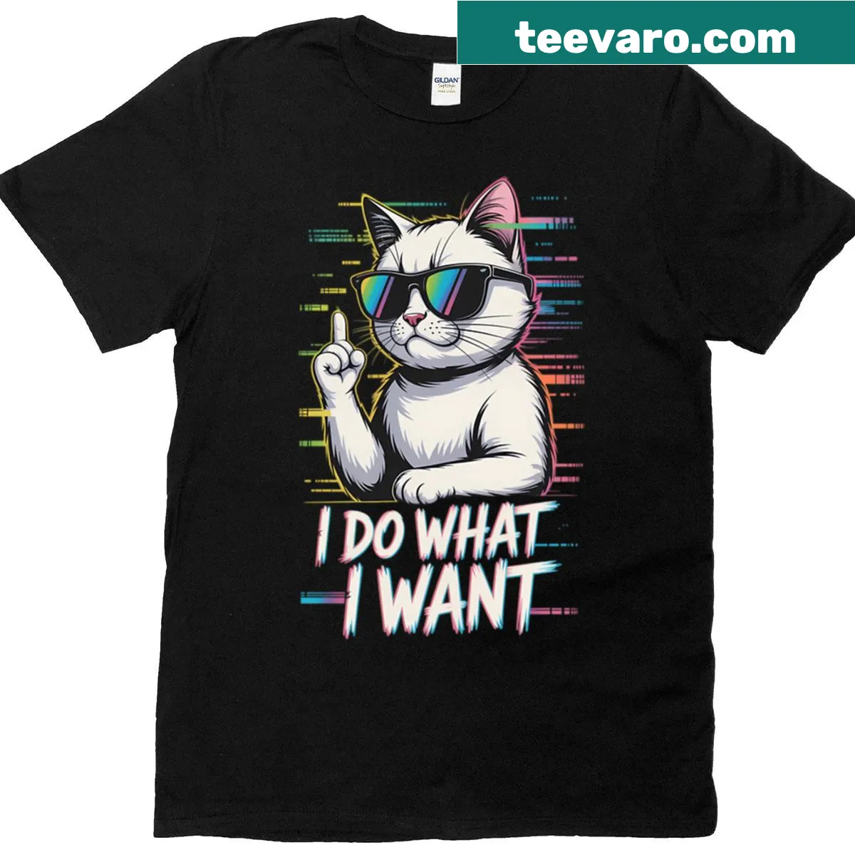 Illustration of a cat with sunglasses and rebellious text — on a men's t-shirt