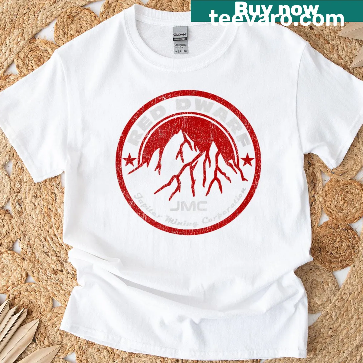 Distressed Red Dwarf Jupiter Mining Corporation logo T-shirt — on a men's t-shirt