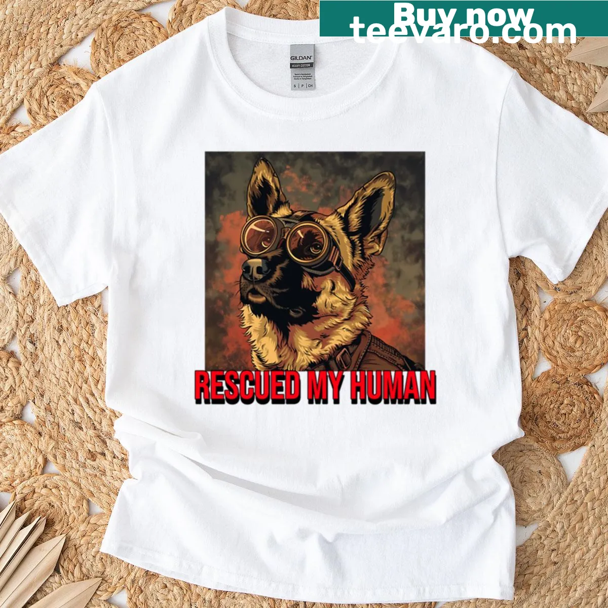 Cute T-shirt featuring 'Rescued My Human' text with illustrations — on a men's t-shirt