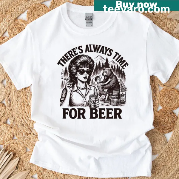Retro-style T-shirt with funny camping saying about beer