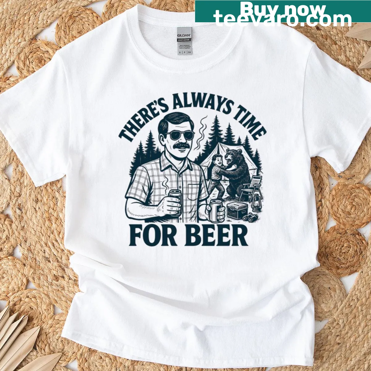 Vintage-style T-shirt with camping and beer theme for dads — on a men's t-shirt