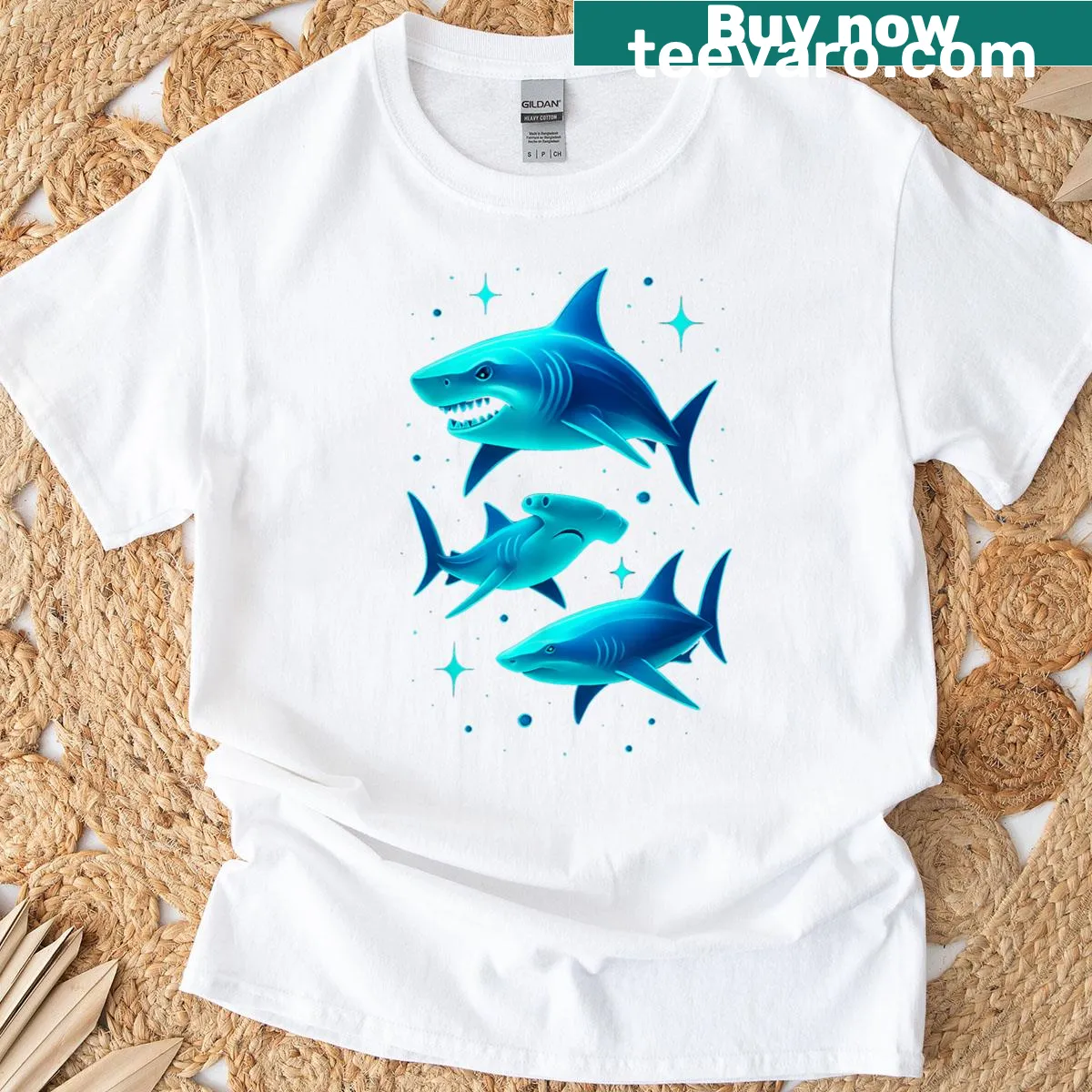 Vintage-style T-shirt featuring white and hammerhead sharks — on a men's t-shirt