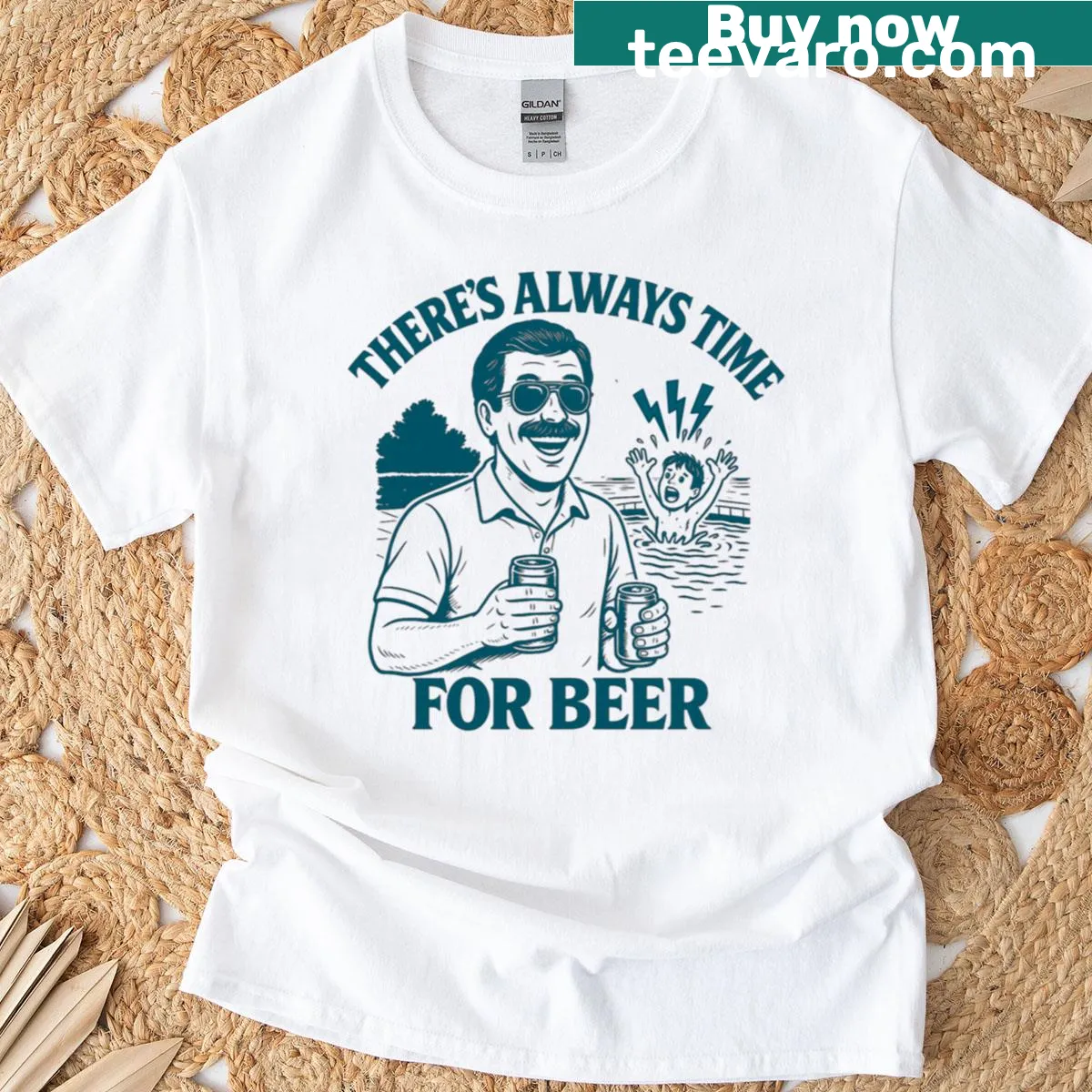 Funny oversized T-shirt with 'There's Always Time For Beer' text — on a men's t-shirt