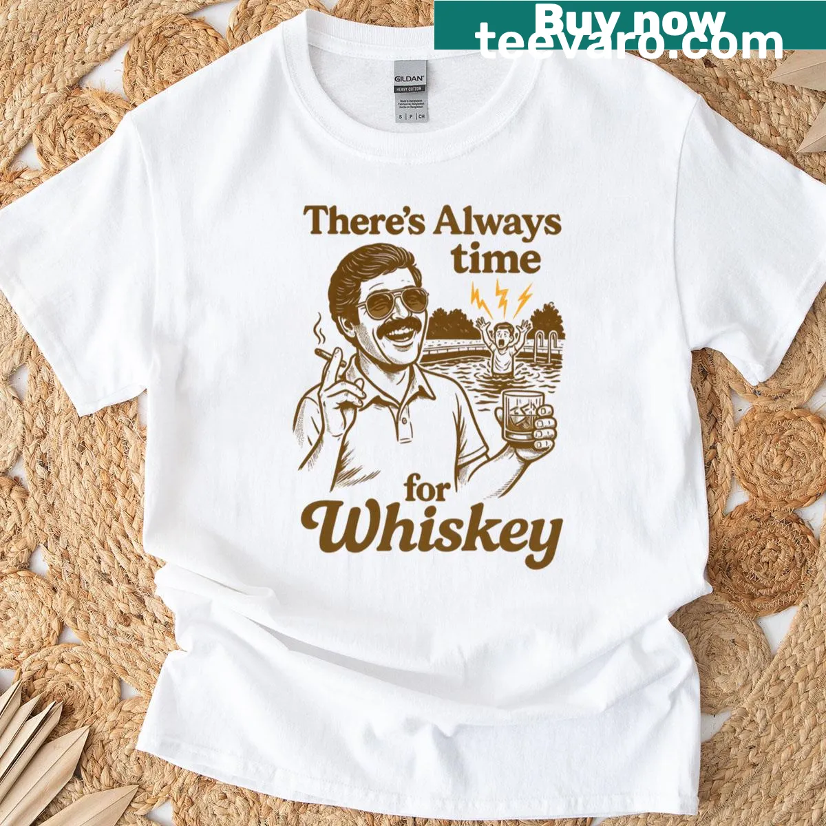 Funny retro T-shirt with 'There's Always Time For Whiskey' text — on a men's t-shirt
