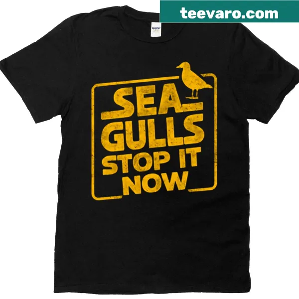 Playful t-shirt featuring the phrase Seagulls Stop It Now in bold text