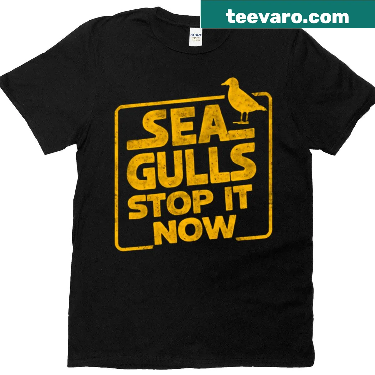 Playful t-shirt featuring the phrase Seagulls Stop It Now in bold text — on a men's t-shirt