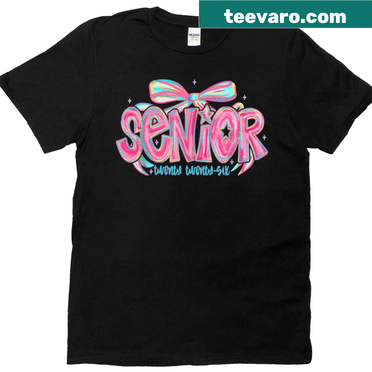 Illustration of a pink bow with Class of 2026 text on a graduation t-shirt — on a men's t-shirt
