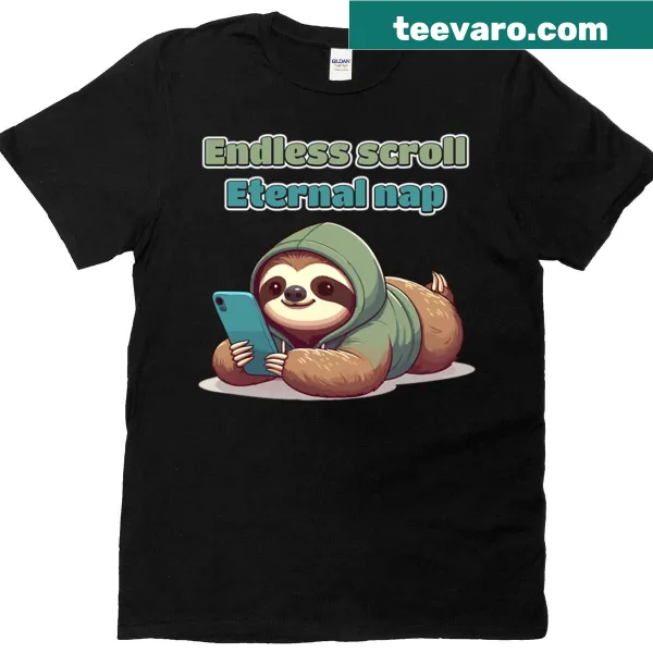 Cute sloth illustration scrolling a phone.