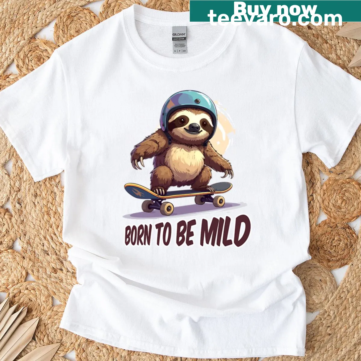 Playful graphic of a sloth skating on an oversized T-shirt — on a men's t-shirt