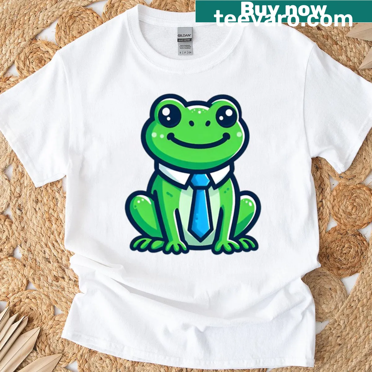 Cartoon frog with a blue bow tie graphic on an oversized T-shirt — on a men's t-shirt