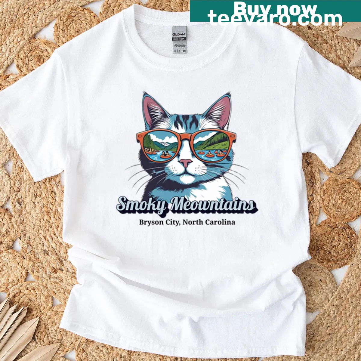 Cat-themed t-shirt with Smoky Mountains and tubing design — on a men's t-shirt
