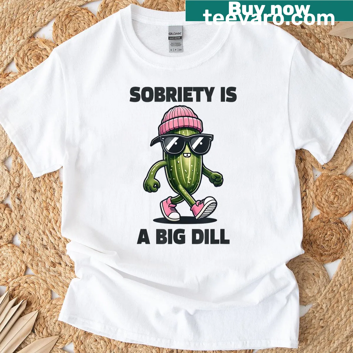 Funny sobriety-themed T-shirt with the phrase 'Sobriety Is A Big Dill'. — on a men's t-shirt