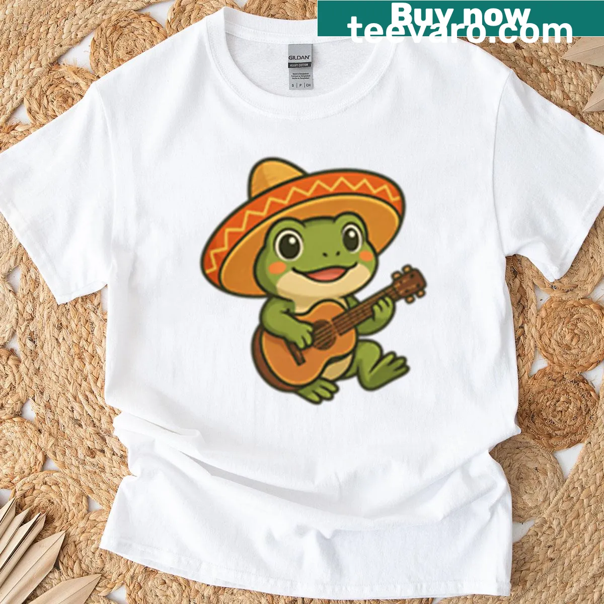 Cute anime frog wearing a sombrero while playing guitar on a T-shirt — on a men's t-shirt
