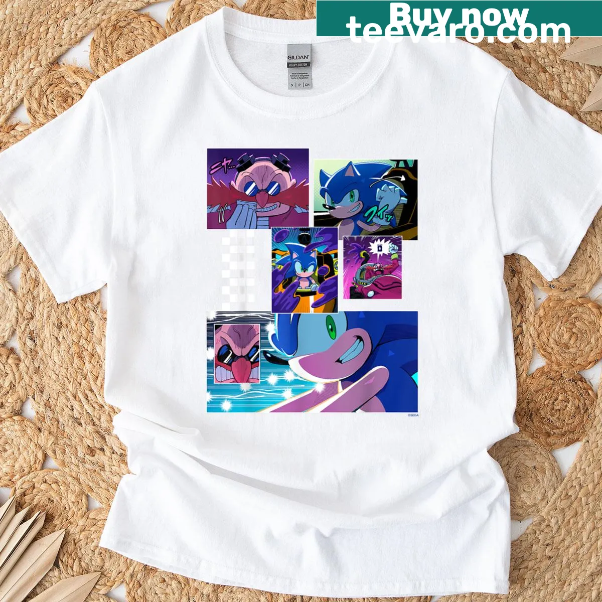 Sonic The Hedgehog manga panels design T-shirt — on a men's t-shirt