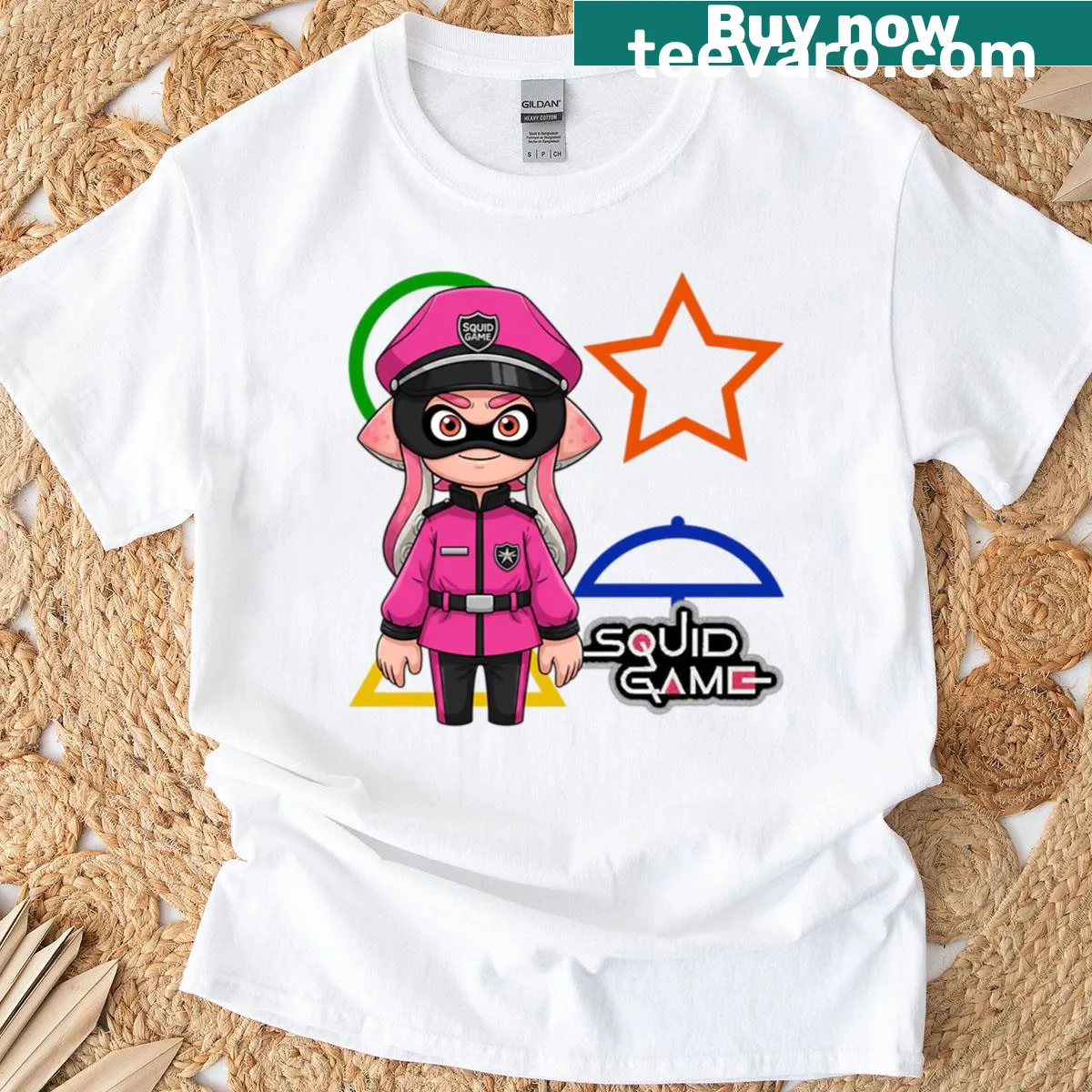 T-shirt with graphic elements inspired by The Squid Game — on a men's t-shirt