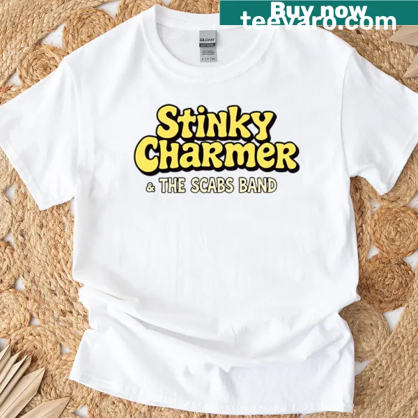 Cartoon design t-shirt with the Stinky Charmer band logo