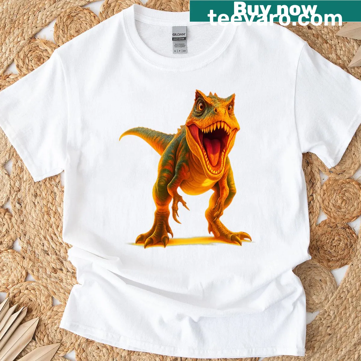 Oversized T-shirt featuring a 3D tropical dinosaur illustration — on a men's t-shirt