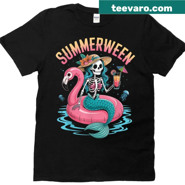 Mermaid skeleton and flamingo illustration on Halloween t-shirt