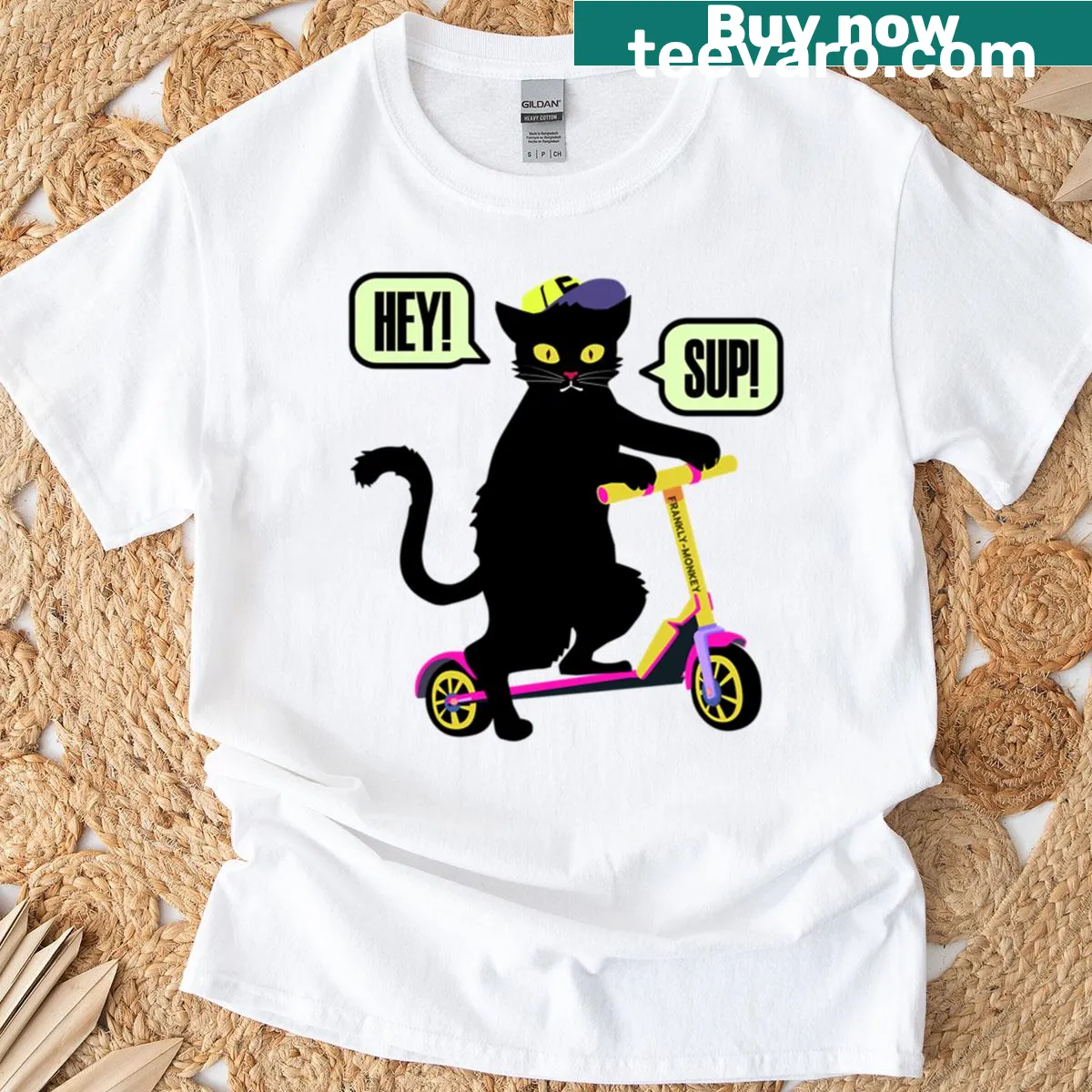 Cartoon cat t-shirt with playful slogan and oversized fit — on a men's t-shirt